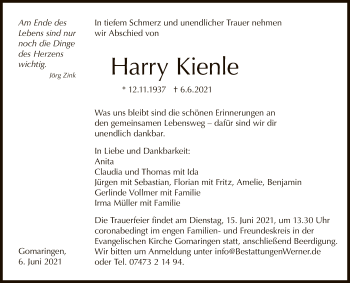 Anzeige von Harry Kienle von Reutlinger General-Anzeiger