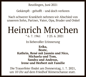 Anzeige von Heinrich Mrochen von Reutlinger General-Anzeiger