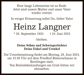 Anzeige von Heinz Langner von Reutlinger General-Anzeiger