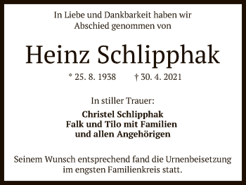 Anzeige von Heinz Schlipphak von Reutlinger General-Anzeiger