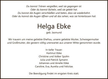 Anzeige von Helga Ebke von Reutlinger General-Anzeiger