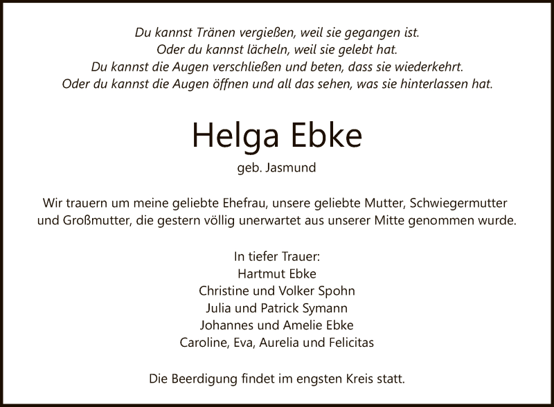  Traueranzeige für Helga Ebke vom 16.06.2021 aus Reutlinger General-Anzeiger