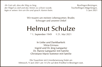 Anzeige von Helmut Schulze von Reutlinger General-Anzeiger