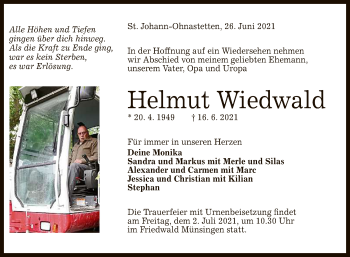 Anzeige von Helmut Wiedwald von Reutlinger General-Anzeiger