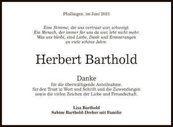 Anzeige von Herbert Barthold von Reutlinger General-Anzeiger