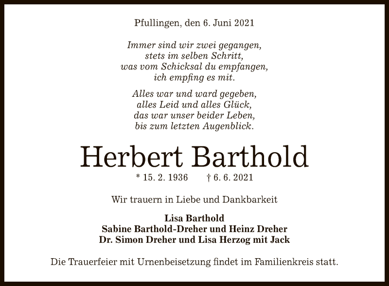  Traueranzeige für Herbert Barthold vom 08.06.2021 aus Reutlinger General-Anzeiger