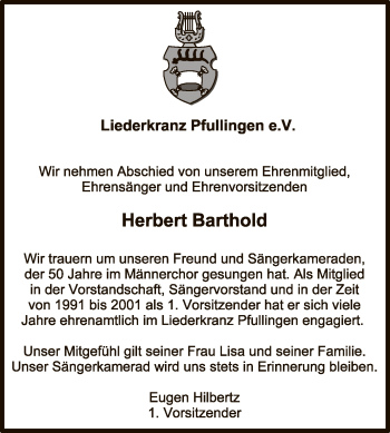 Anzeige von Herbert Barthold von Reutlinger General-Anzeiger