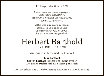 Anzeige von Herbert Barthold von Reutlinger General-Anzeiger
