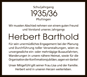 Anzeige von Herbert Barthold von Reutlinger General-Anzeiger