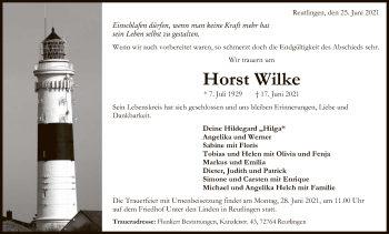 Anzeige von Horst Wilke von Reutlinger General-Anzeiger