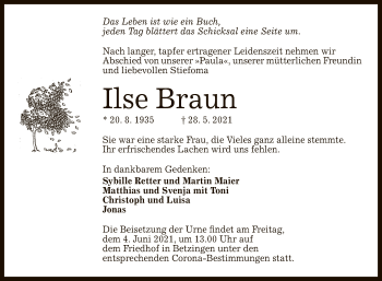 Anzeige von Ilse Braun von Reutlinger General-Anzeiger