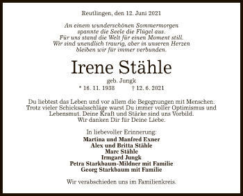 Anzeige von Irene Stähle von Reutlinger General-Anzeiger