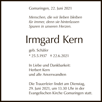 Anzeige von Irmgard Kern von Reutlinger General-Anzeiger
