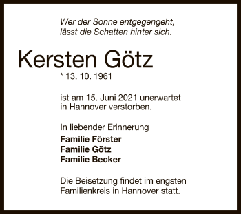 Anzeige von Kersten Götz von Reutlinger General-Anzeiger