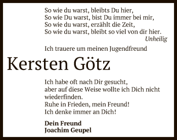 Anzeige von Kersten Götz von Reutlinger General-Anzeiger