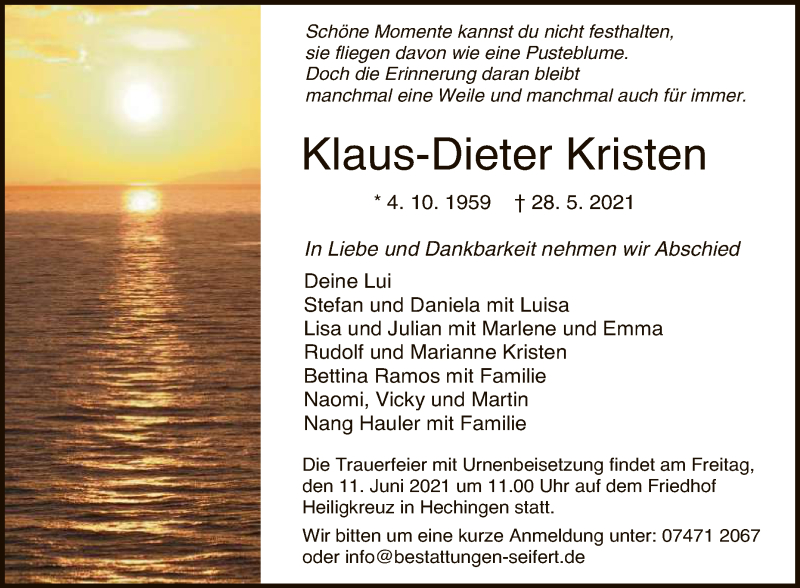  Traueranzeige für Klaus-Dieter Kristen vom 09.06.2021 aus Reutlinger General-Anzeiger