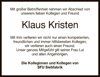 Anzeige von Klaus Kristen von Reutlinger General-Anzeiger