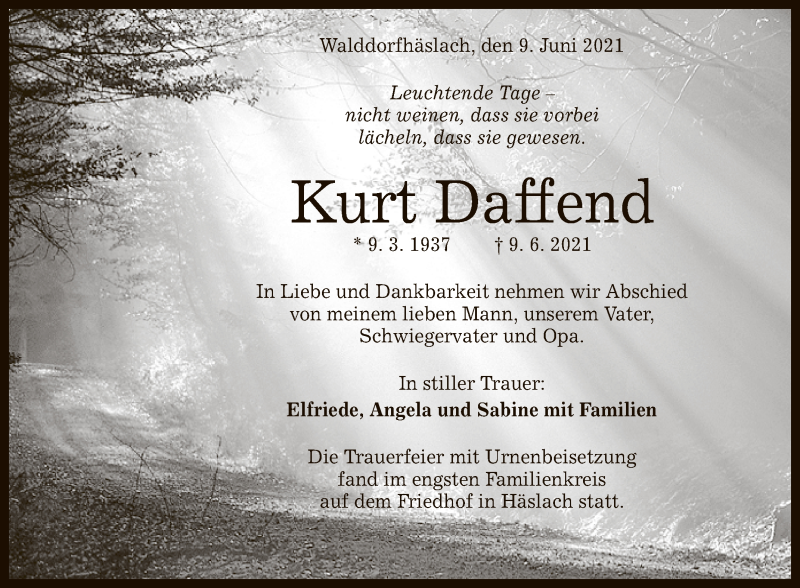  Traueranzeige für Kurt Daffend vom 19.06.2021 aus Reutlinger General-Anzeiger