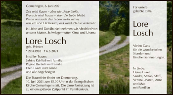 Anzeige von Lore Losch von Reutlinger General-Anzeiger