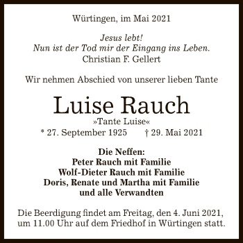 Anzeige von Luise Rauch von Reutlinger General-Anzeiger