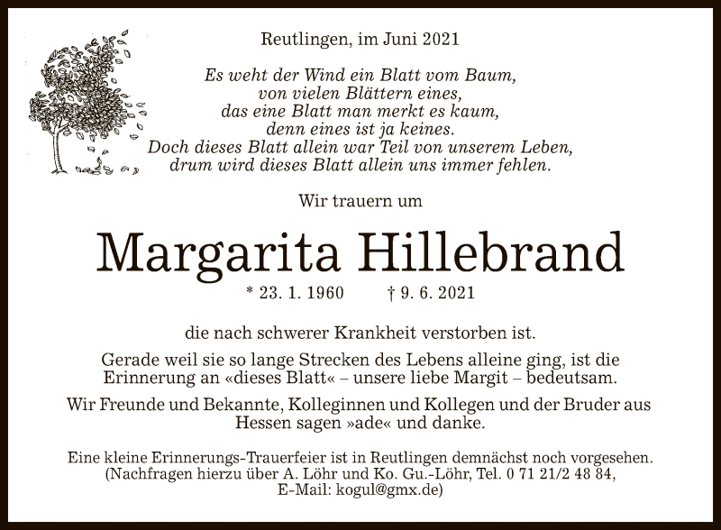  Traueranzeige für Margarita Hillebrand vom 19.06.2021 aus Reutlinger General-Anzeiger