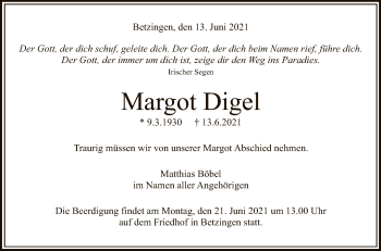 Anzeige von Margot Digel von Reutlinger General-Anzeiger