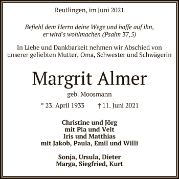 Anzeige von Margrit Almer von Reutlinger General-Anzeiger