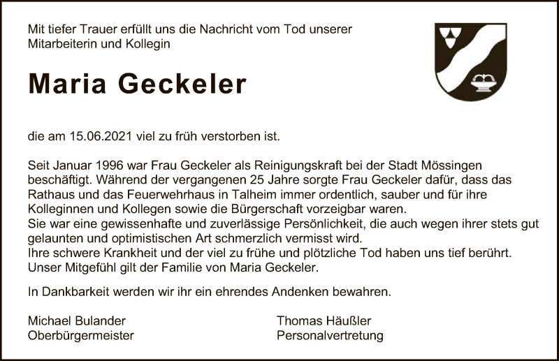  Traueranzeige für Maria Geckeler vom 25.06.2021 aus Reutlinger General-Anzeiger