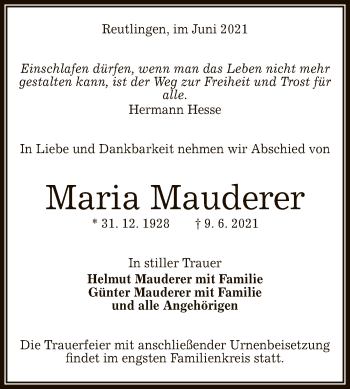 Anzeige von Maria Mauderer von Reutlinger General-Anzeiger