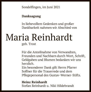 Anzeige von Maria Reinhardt von Reutlinger General-Anzeiger