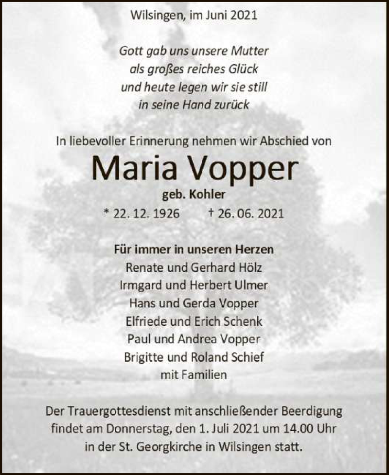  Traueranzeige für Maria Vopper vom 29.06.2021 aus Reutlinger General-Anzeiger
