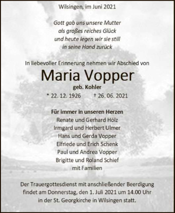 Anzeige von Maria Vopper von Reutlinger General-Anzeiger