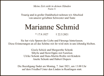 Anzeige von Marianne Schmid von Reutlinger General-Anzeiger
