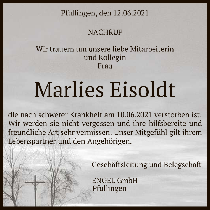  Traueranzeige für Marlies Eisoldt vom 12.06.2021 aus Reutlinger General-Anzeiger