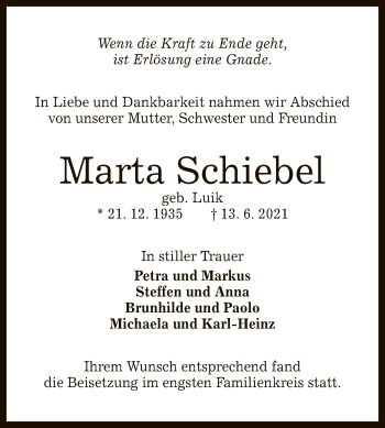Anzeige von Marta Schiebel von Reutlinger General-Anzeiger