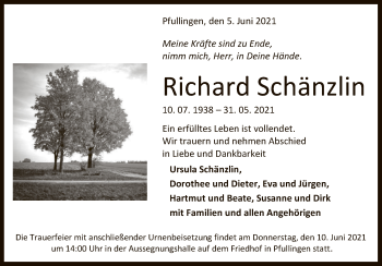Anzeige von Richard Schänzlin von Reutlinger General-Anzeiger