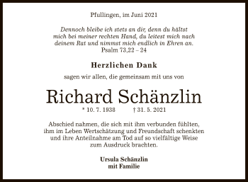 Anzeige von Richard Schänzlin von Reutlinger General-Anzeiger