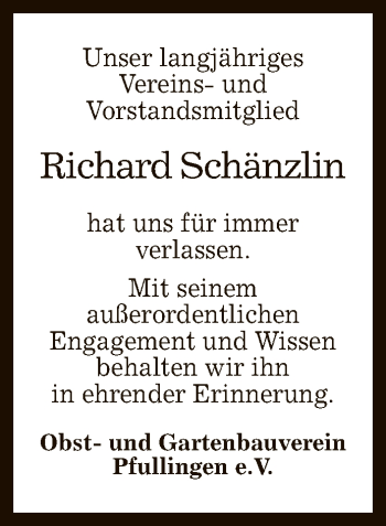 Anzeige von Richard Schänzlin von Reutlinger General-Anzeiger