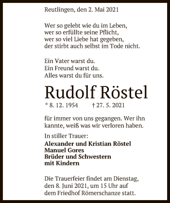 Anzeige von Rudolf Röstel von Reutlinger General-Anzeiger