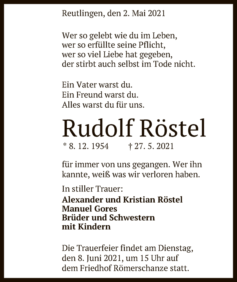  Traueranzeige für Rudolf Röstel vom 02.06.2021 aus Reutlinger General-Anzeiger