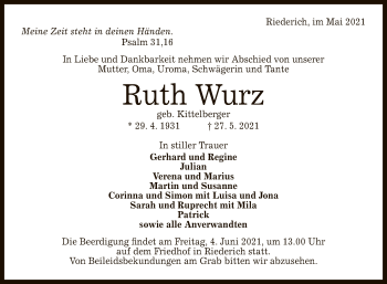 Anzeige von Ruth Wurz von Reutlinger General-Anzeiger