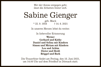 Anzeige von Sabine Gienger von Reutlinger General-Anzeiger