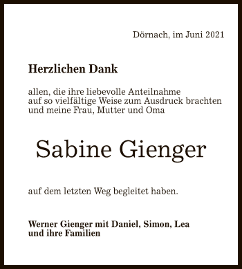 Anzeige von Sabine Gienger von Reutlinger General-Anzeiger