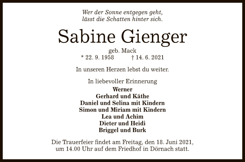  Traueranzeige für Sabine Gienger vom 17.06.2021 aus Reutlinger General-Anzeiger