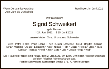 Anzeige von Sigrid Schweikert von Reutlinger General-Anzeiger