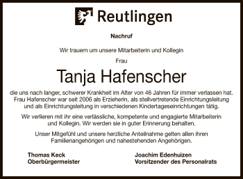 Anzeige von Tanja Hafenscher von Reutlinger General-Anzeiger