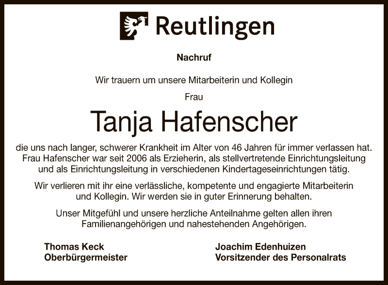  Traueranzeige für Tanja Hafenscher vom 12.06.2021 aus Reutlinger General-Anzeiger