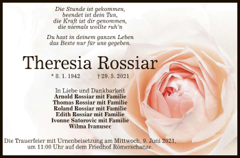Anzeige von Theresia Rossiar von Reutlinger General-Anzeiger