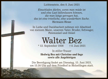 Anzeige von Walter Bez von Reutlinger General-Anzeiger