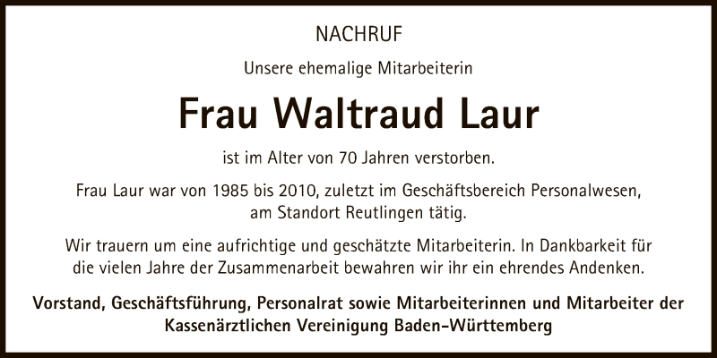  Traueranzeige für Waltraud Laur vom 04.06.2021 aus Reutlinger General-Anzeiger